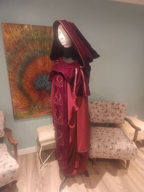 Burgundy Velvet Hooded Cloak with Embroidered Panels